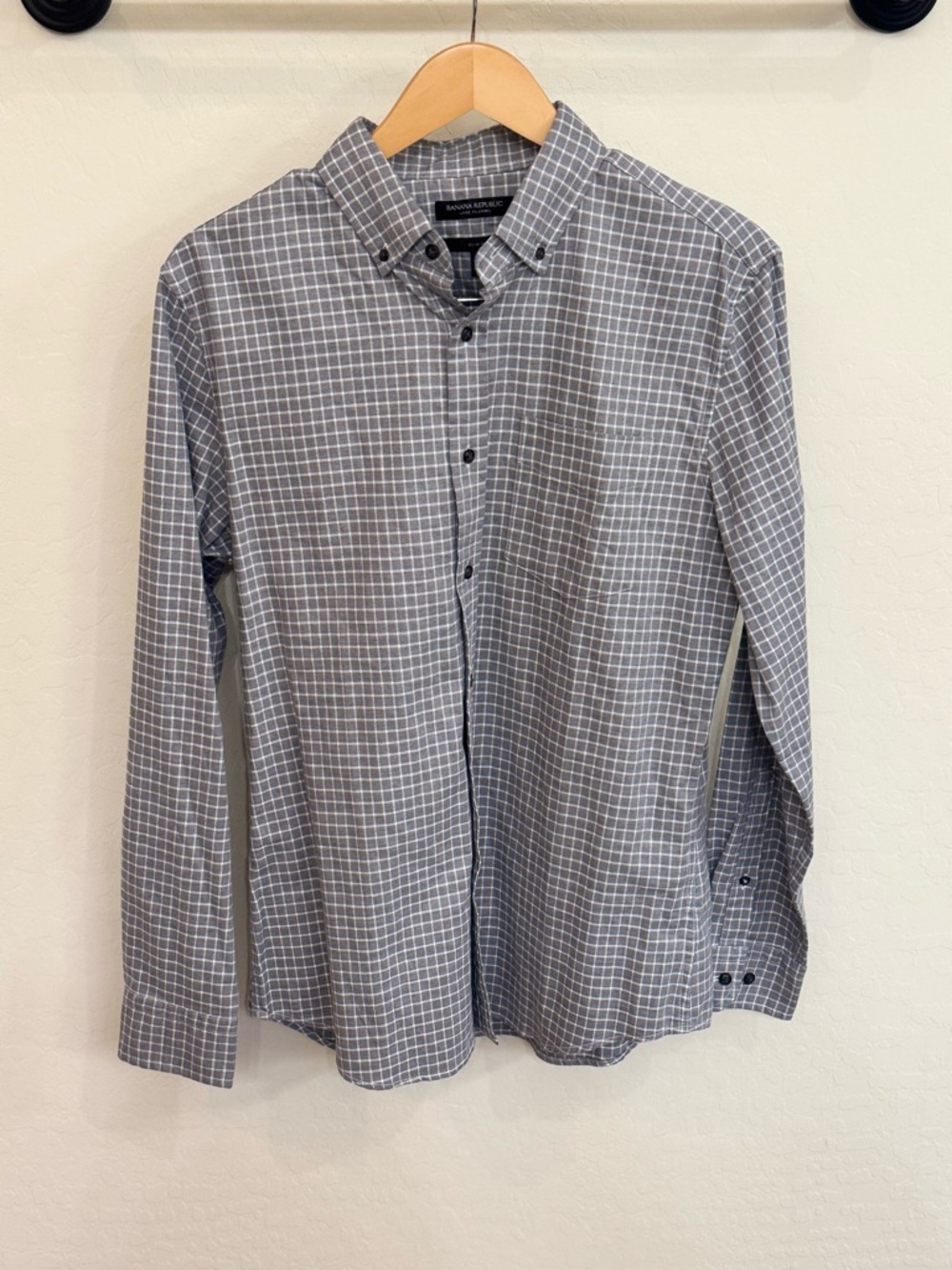 Banana Republic Luxe Flannel Slim Fit Shirt Gray Grid Check Size Medium